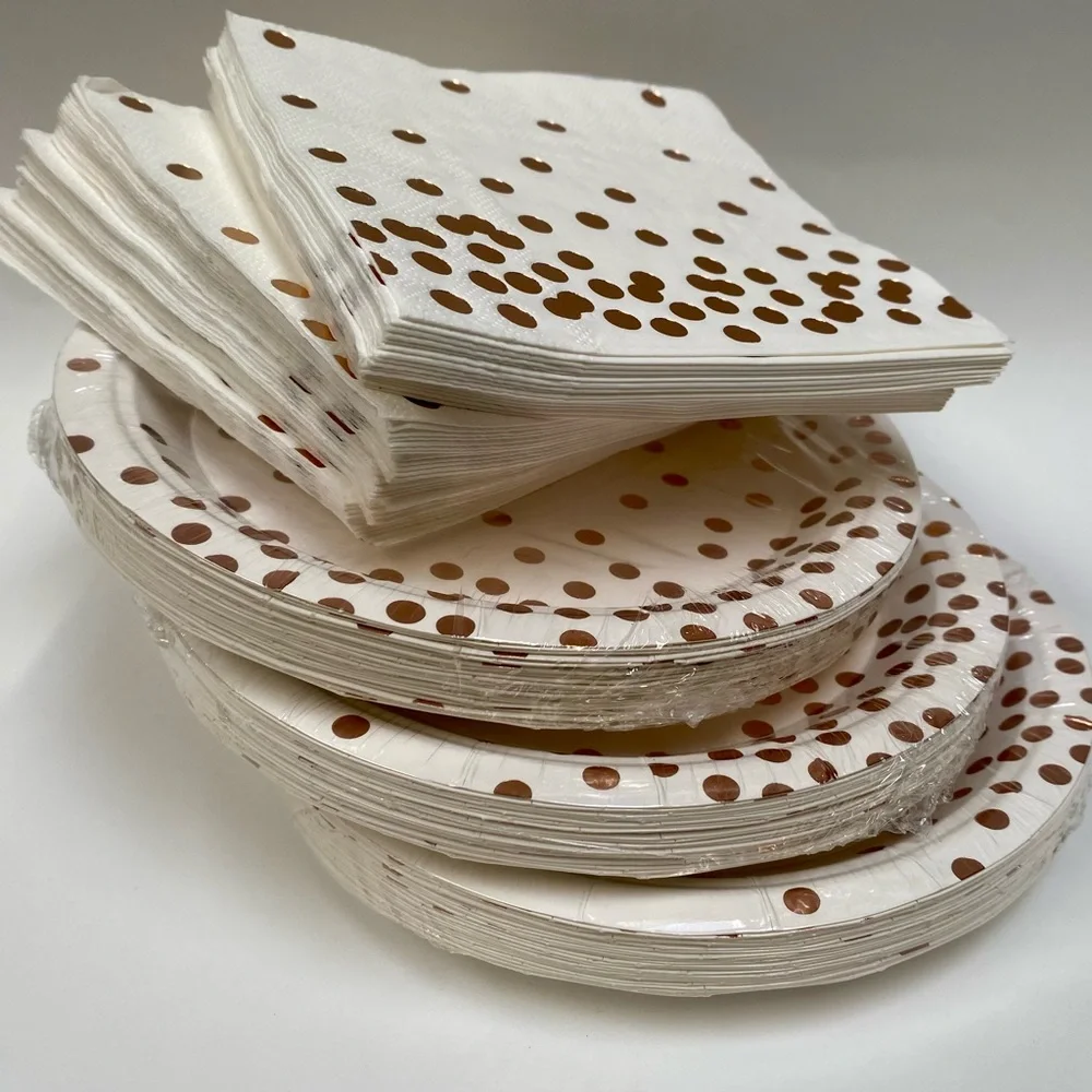 Rose Gold Polka Dot Paper Plates and Napkins & Hooray Cake Topper, 75  7” plates